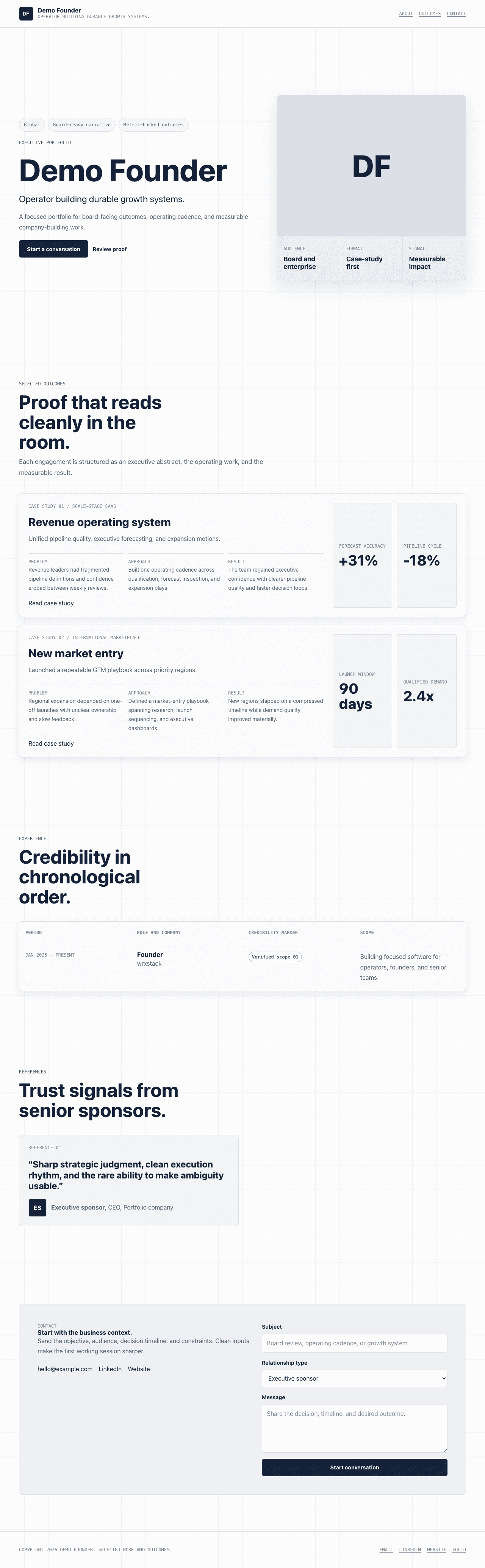 Clean Pro design. Example portfolio rendered on desktop.