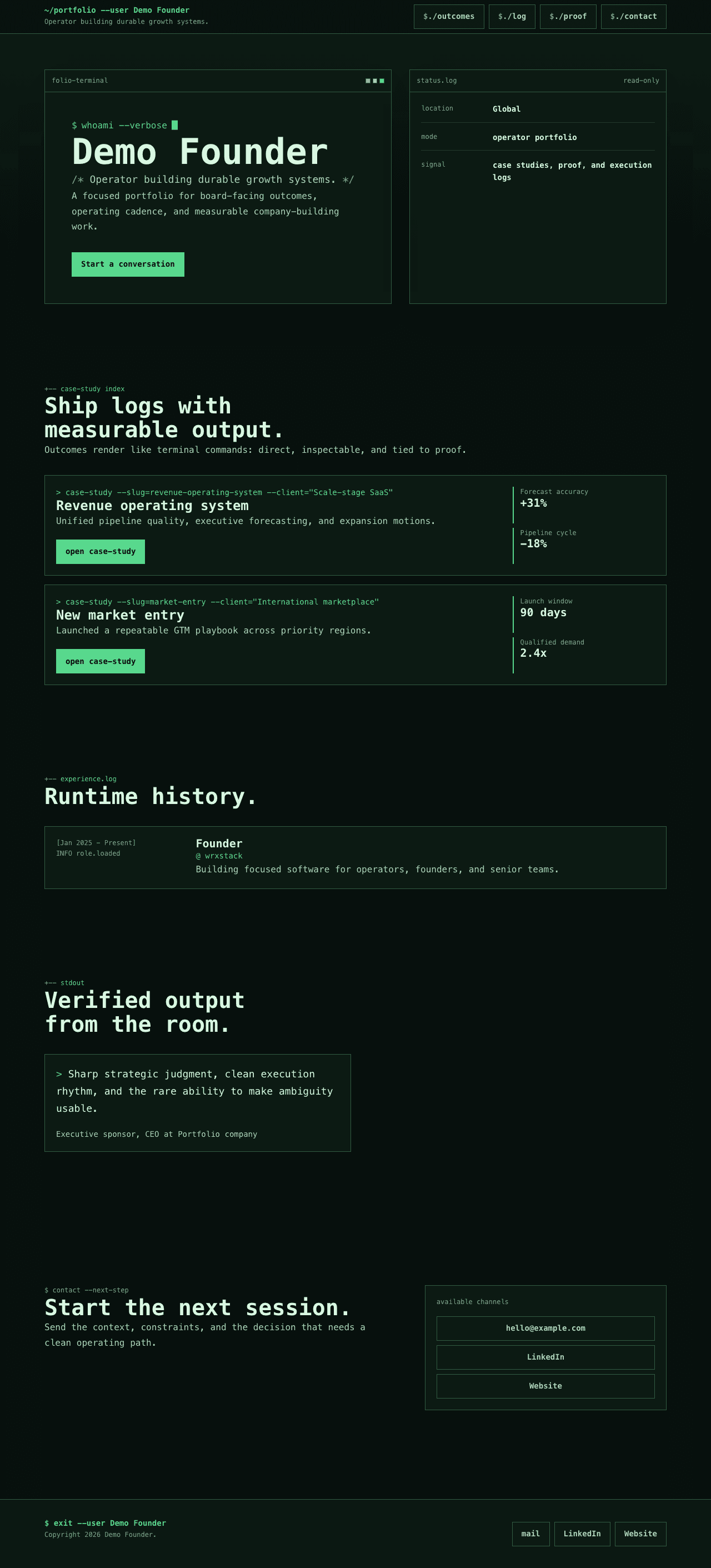 Terminal design. Example portfolio rendered on desktop.