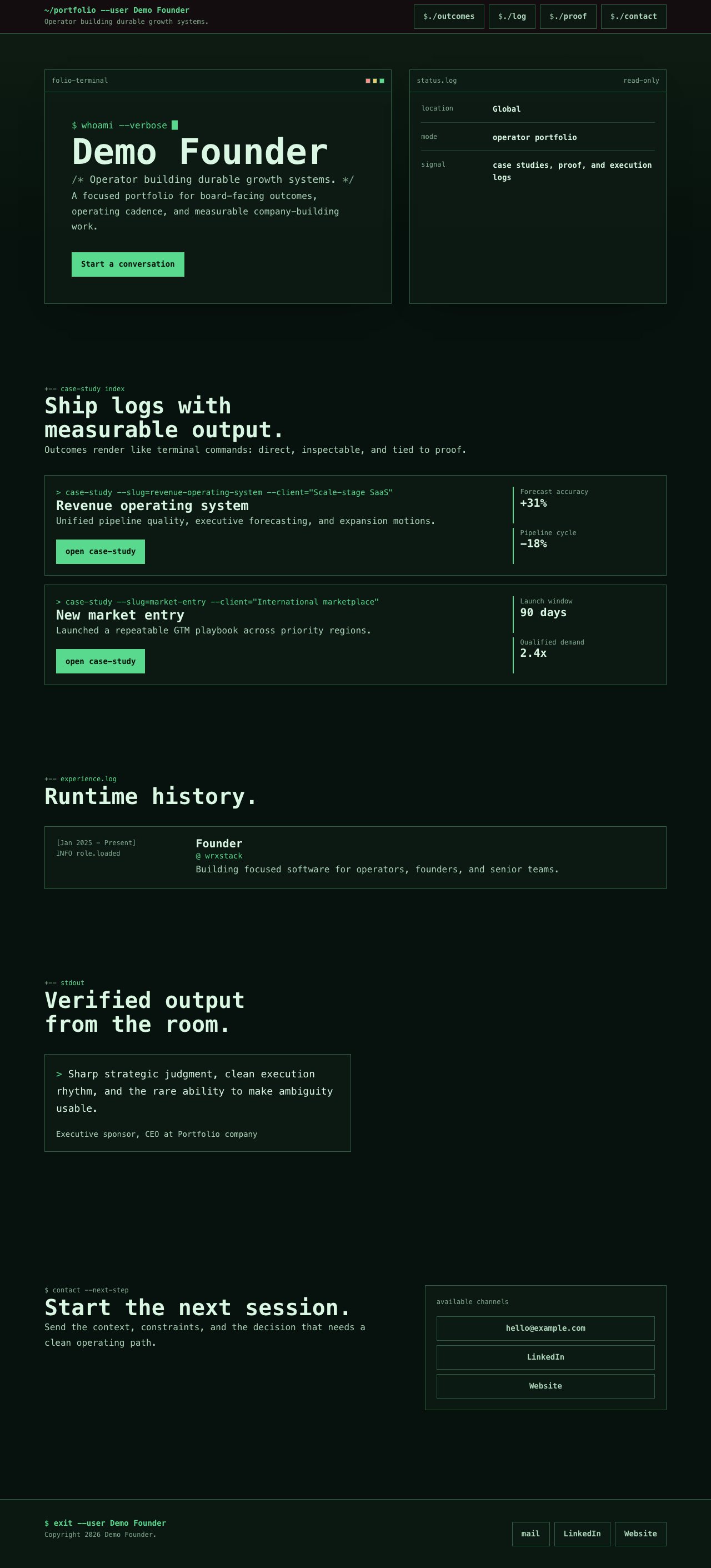 Terminal design. Example portfolio rendered on desktop.
